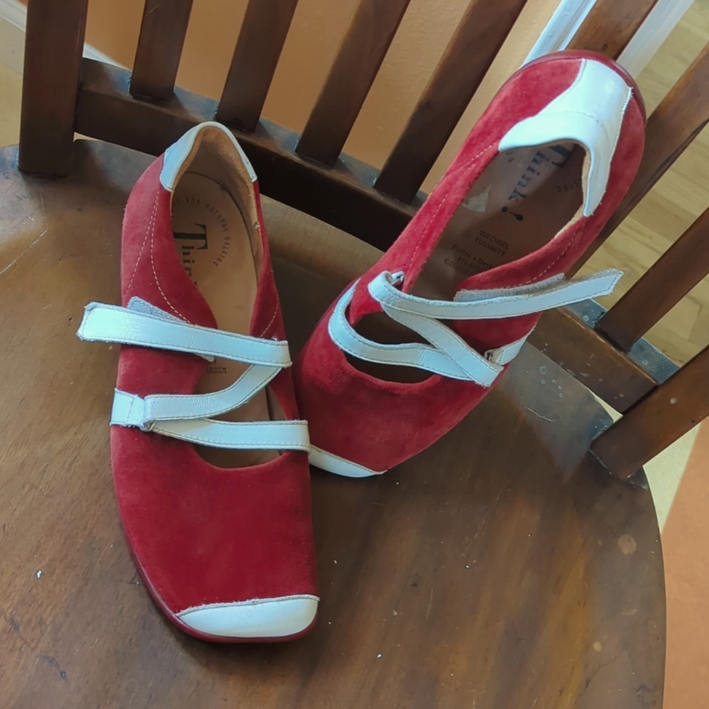 Think! Mary Janes, EU 38.5 Red Suede w White Accent